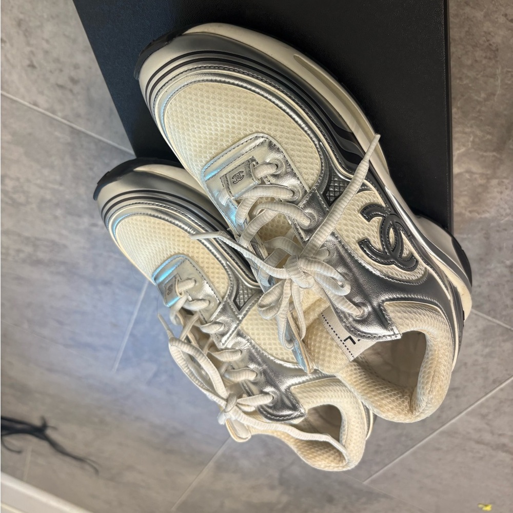CHANEL Ivory and Metallic Sneakers